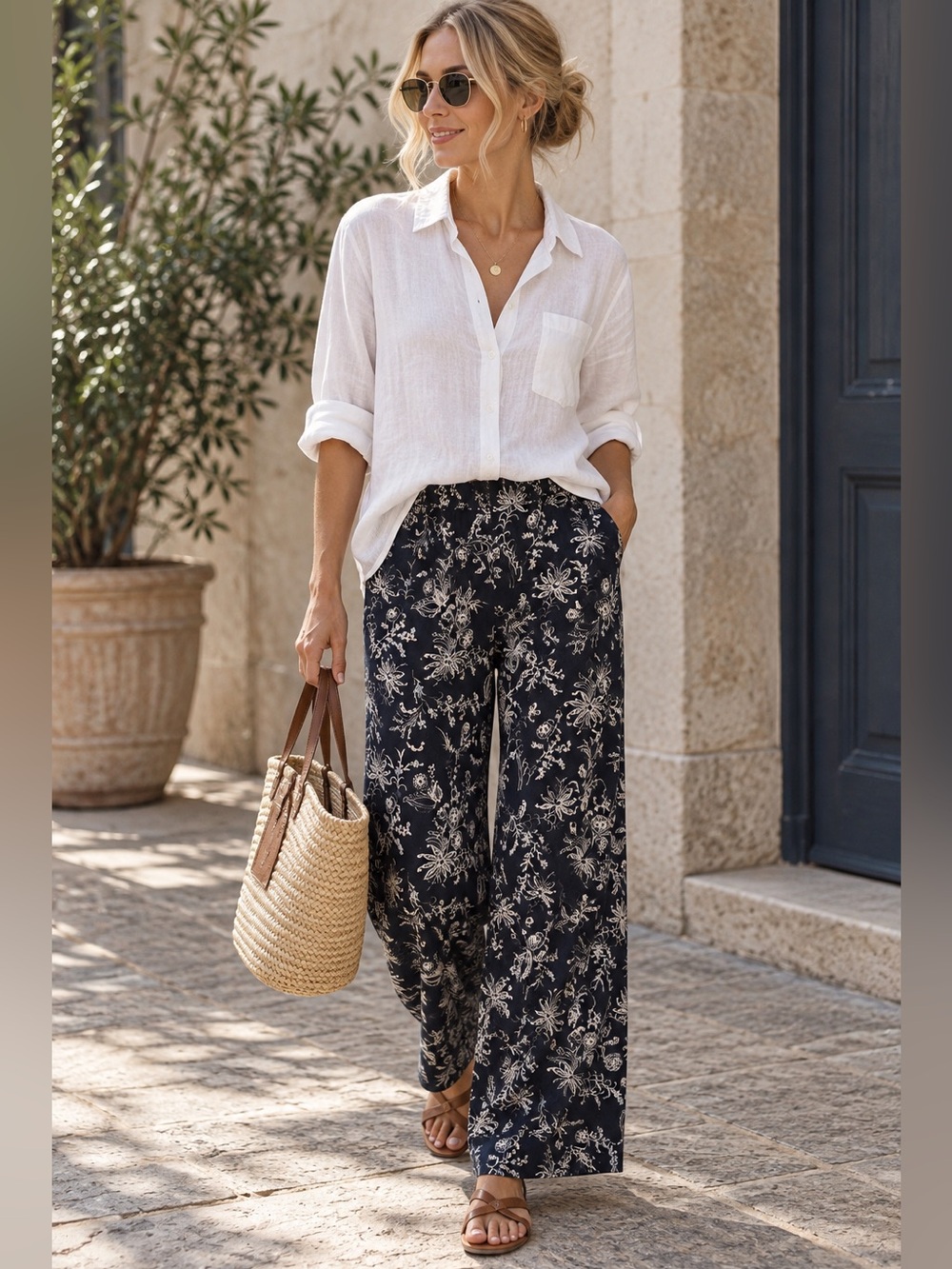 Caslon Navy Wide-Leg Floral Print Pants